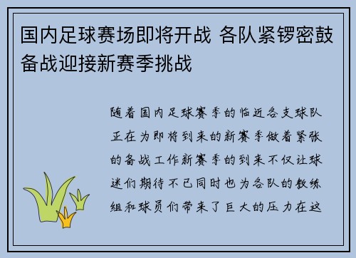 国内足球赛场即将开战 各队紧锣密鼓备战迎接新赛季挑战