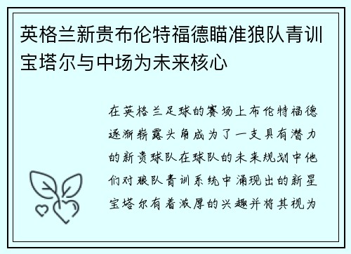 英格兰新贵布伦特福德瞄准狼队青训宝塔尔与中场为未来核心
