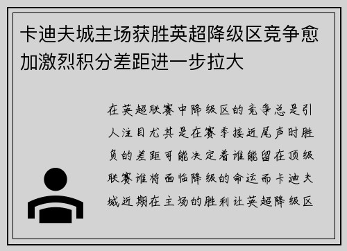 卡迪夫城主场获胜英超降级区竞争愈加激烈积分差距进一步拉大